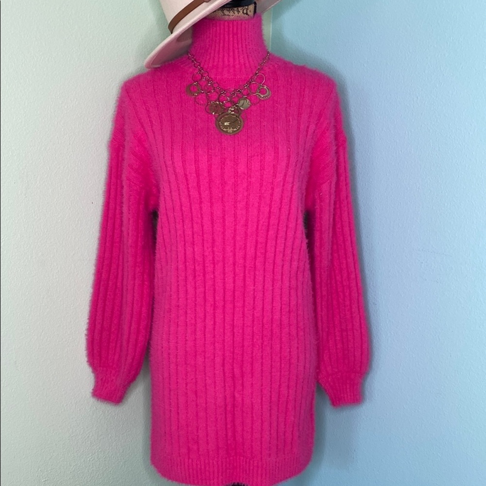 Vibrant Pink Cowl Neck Sweater with Ribbed Texture